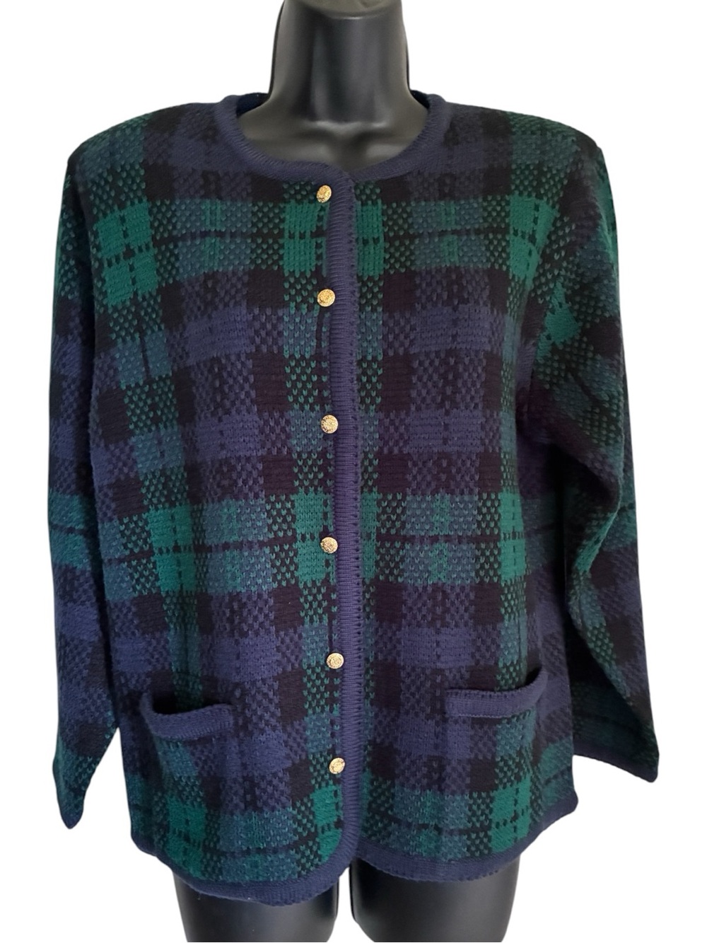 Vintage Grannycore Dark Academia Preppy Green Navy Plaid Cardigan Sweater Sz S